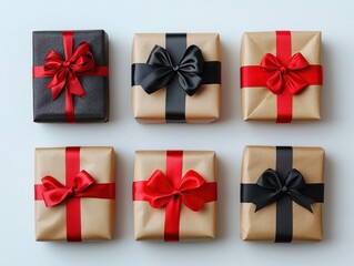 Colorful gift boxes with ribbons displayed neatly.