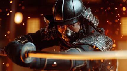 A samurai in full armor performing kendo with a wooden bokken sword, mid-swing in a traditional dojo lit by soft natural light