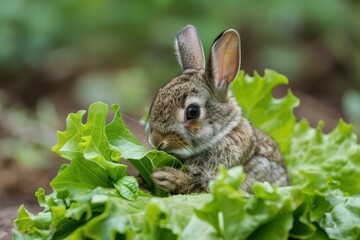 Young rabbit enjoys a fresh meal of lettuce in a lush, green garden during the warm afternoon sunlight