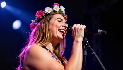 Joyful solo singer performing with flower garland in spotlight, intimate concert