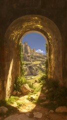 A golden magical portal on an ancient island connected to an ancient city from a fairy tale