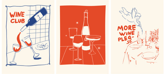 A collection of three posters in a whimsical and charming trendy style. The posters feature elegant glasses and bottles of wine, including a wine club poster. Hand draw la dolce vita doodles
