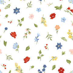 Lovely hand-drawn colorful flowers in a seamless pattern, featuring a cute floral design that is great for textiles, wallpapers, and wrapping. Diverse small flowers in a Liberty pattern.