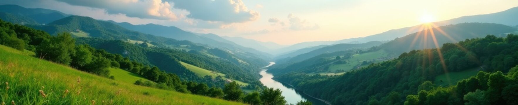Panorama di una valle colta con fiume ed ulivi, ulivo, verde