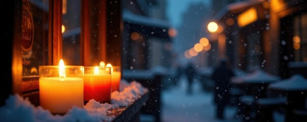 warm light from candles in a pub's windowpane on a snowy night, candle, snow