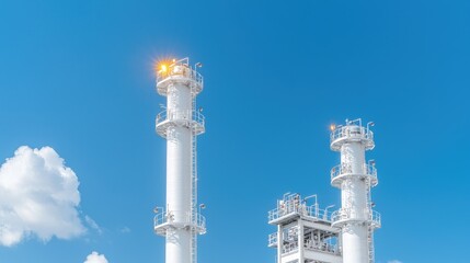 Industrial towers against blue sky, sunny day