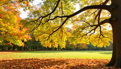 Autumn leaves scattering in peaceful park setting, seasonal beauty