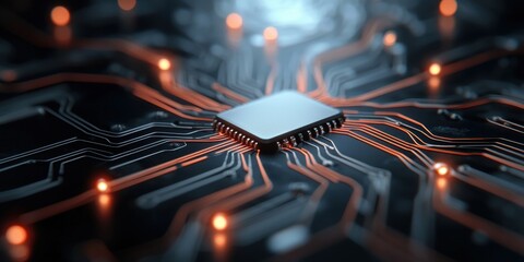 A detailed close-up of a microchip surrounded by intricate circuit pathways and glowing connections, showcasing advanced technology.