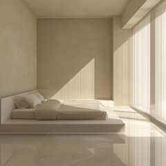 bedroom in a minimalist and practical style, tidy, with a new concept of indoor scenes, interior home decoration design, real-life scenario design rendering, the exterior design meets high standards