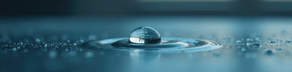 A single water drop on a clean metal surface with subtle reflections, drop, shine, reflection