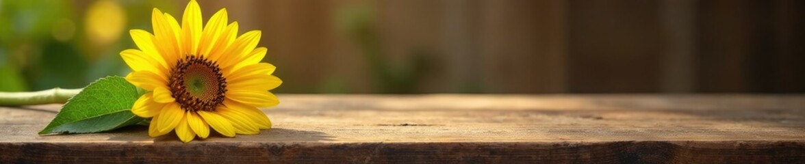 A single sunflower on a wooden table with a copy space, single bloom, wood table