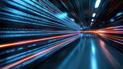 A dynamic, abstract representation of data flow, featuring blue and orange light streaks on a dark background, evoking a sense of speed and technology.