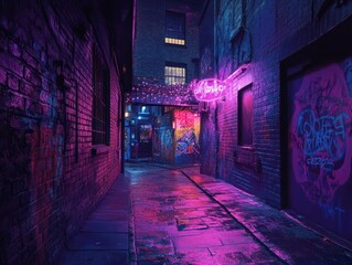 Neon-lit alleyway, urban night scene, graffiti, background buildings, city nightlife