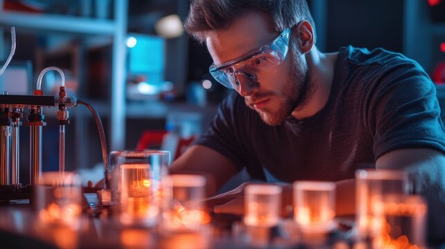 A scientist in a renewable energy research lab testing hydrogen fuel cells, with glowing test equipment on the table beside them