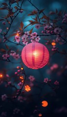 Illuminated paper lantern hanging among blossoming branches at dusk. A serene, magical scene.