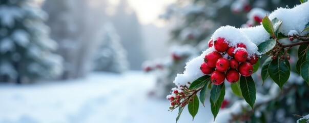 Snowy landscape with clusters of bright red holly berries, winter, holly, festive