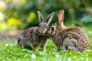 Fototapeta premium Two playful rabbits snuggle together in a lush green garden under soft sunlight in the afternoon