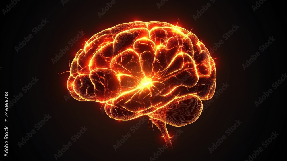 Poster scientific illustration of the brain and nervous system showcasing neuron pathways and electrical si