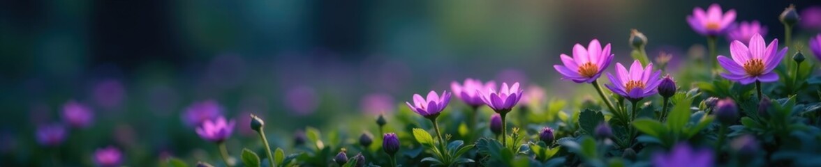 Fototapeta premium Petite purple blossoms burst forth from the darkness, botanicals, nature