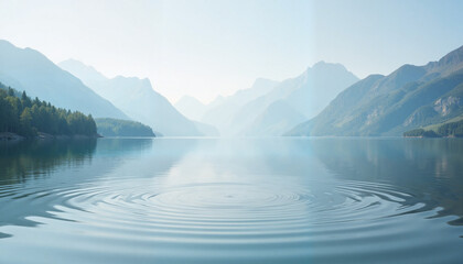 Tranquil lake with ripples and misty mountains, serene nature escape, Mild Rain Drizzle, Mild Weather