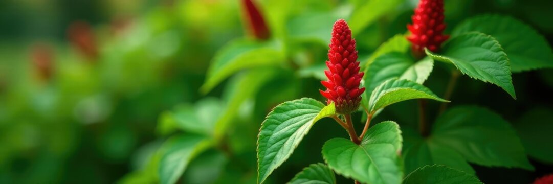 Acalypha hispida Burm flowering in leaf axils hanging down, green leaves, red