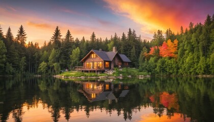 Obraz premium Idyllic Lakeside Cabin with Sunset Reflection