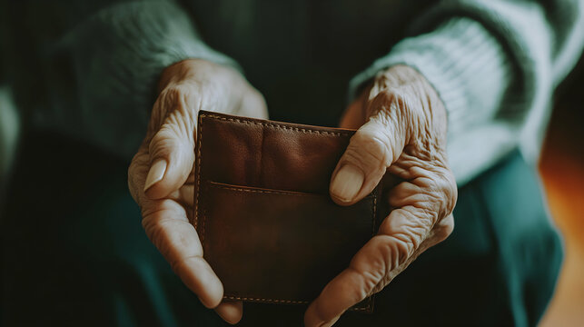 Close-up of elderly hands gently holding a worn leather wallet, conveying themes of age, experience, and financial security.