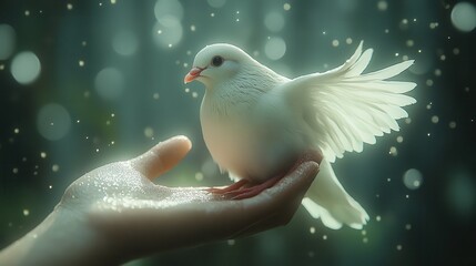 Obraz premium conceptual image of peace and hope with hand and white dove digital illustration