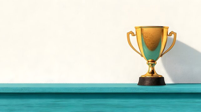Golden trophy on turquoise shelf with minimalist background design