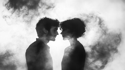 Couple embracing in a mysterious foggy atmosphere.