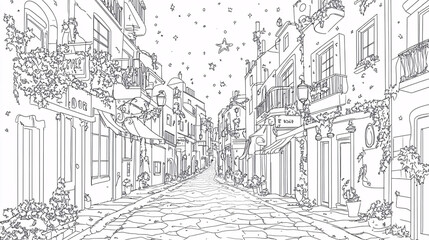 Hand-drawn illustration of a charming old-town street with decorative balconies plants and a starry night sky  

