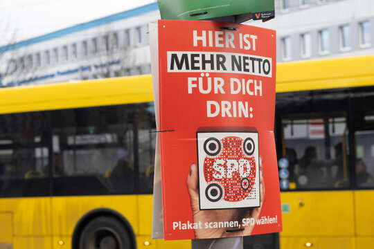 Berlin, Germany - January 13, 2025: Election campaign poster of the German political party SPD Social Democratic Party for the 2025 federal election. The slogan is There's more net in it for you here