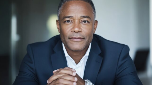 A senior business leader in their 50s seated with hands clasped, looking confidently at the camera, with ample white space around