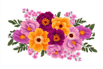 A vibrant bouquet of colorful flowers in various shades and lush greenery. isolated on white background.