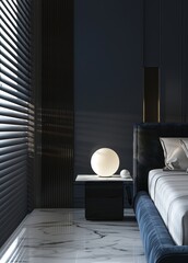 Modern bedroom interior with blue velvet headboard. white bedding. and a round lamp on a black side table