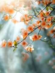 Delicate pink cherry blossoms illuminated by sunlight, surrounded by soft green foliage, creating a tranquil spring atmosphere of renewal and beauty, floral beauty concept