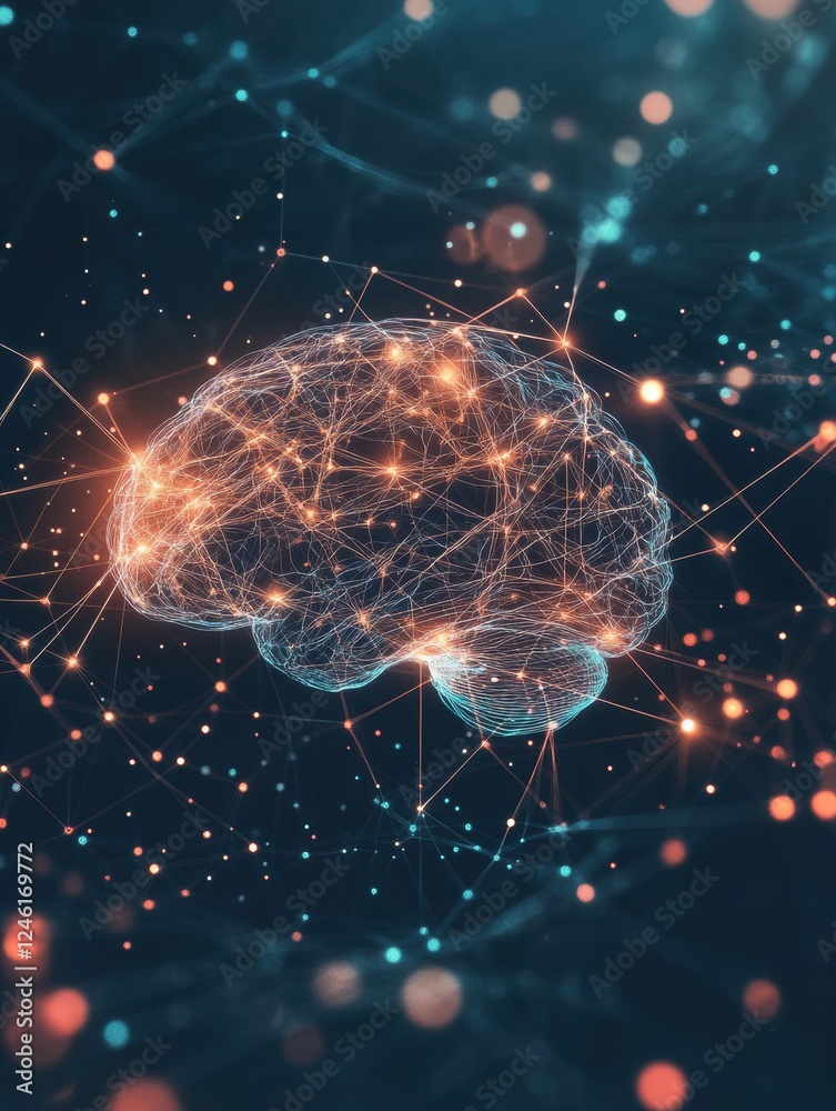 Poster scientific illustration of glowing neuron pathways in the brain and nervous system highlighting elec