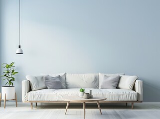 Minimalist living room interior with a white sofa. a wooden coffee table. and a light blue wall
