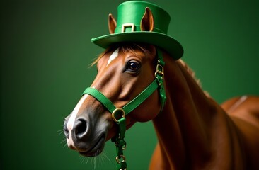 Horse traditional green Irish costume hat St. Patrick's Day card. AI Generative