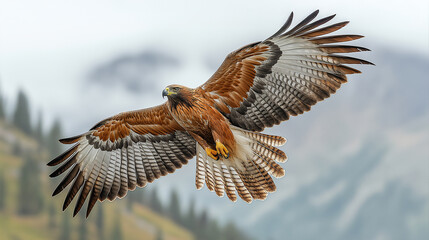 Obraz premium Powerful eagle gliding above mountain peaks with sharp focus