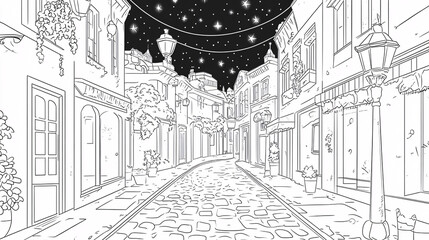 Obraz premium Intricate black and white line drawing of a European-style street at night with hanging lights and cobblestone pavement 