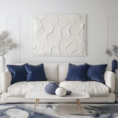 Modern living room with a white sofa. blue pillows. and a coffee table with decorative stones The wall features a large abstract painting with an organic design