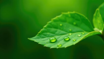 Obraz premium Tiny droplets on a lush green leaf against a natural background, purity, green leaf, organic