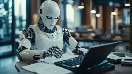Humanoid robot working on laptop in modern office.
