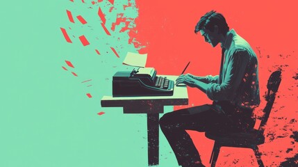 Man writing at typewriter, creative process visualized.