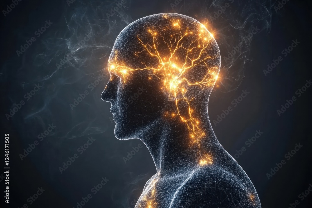 Aufkleber Glowing neuron pathways and electrical pulses depict the complexity of the brain and nervous system activity. Generative AI