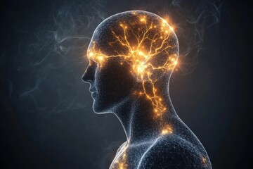 Glowing neuron pathways and electrical pulses depict the complexity of the brain and nervous system activity. Generative AI