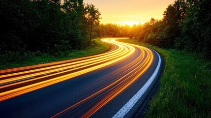 Fototapeta premium Sunset Highway: A Serene Journey Through Nature's Embrace. Witness the magical allure of a winding road at sunset, where light trails dance and nature's beauty unfolds.