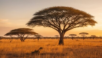 Fototapeta premium Golden Hour in a Savanna with Acacia Trees