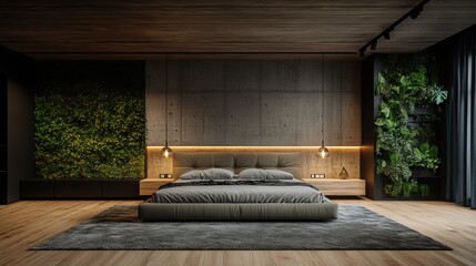 Modern bedroom interior with natural elements and cozy atmosphere